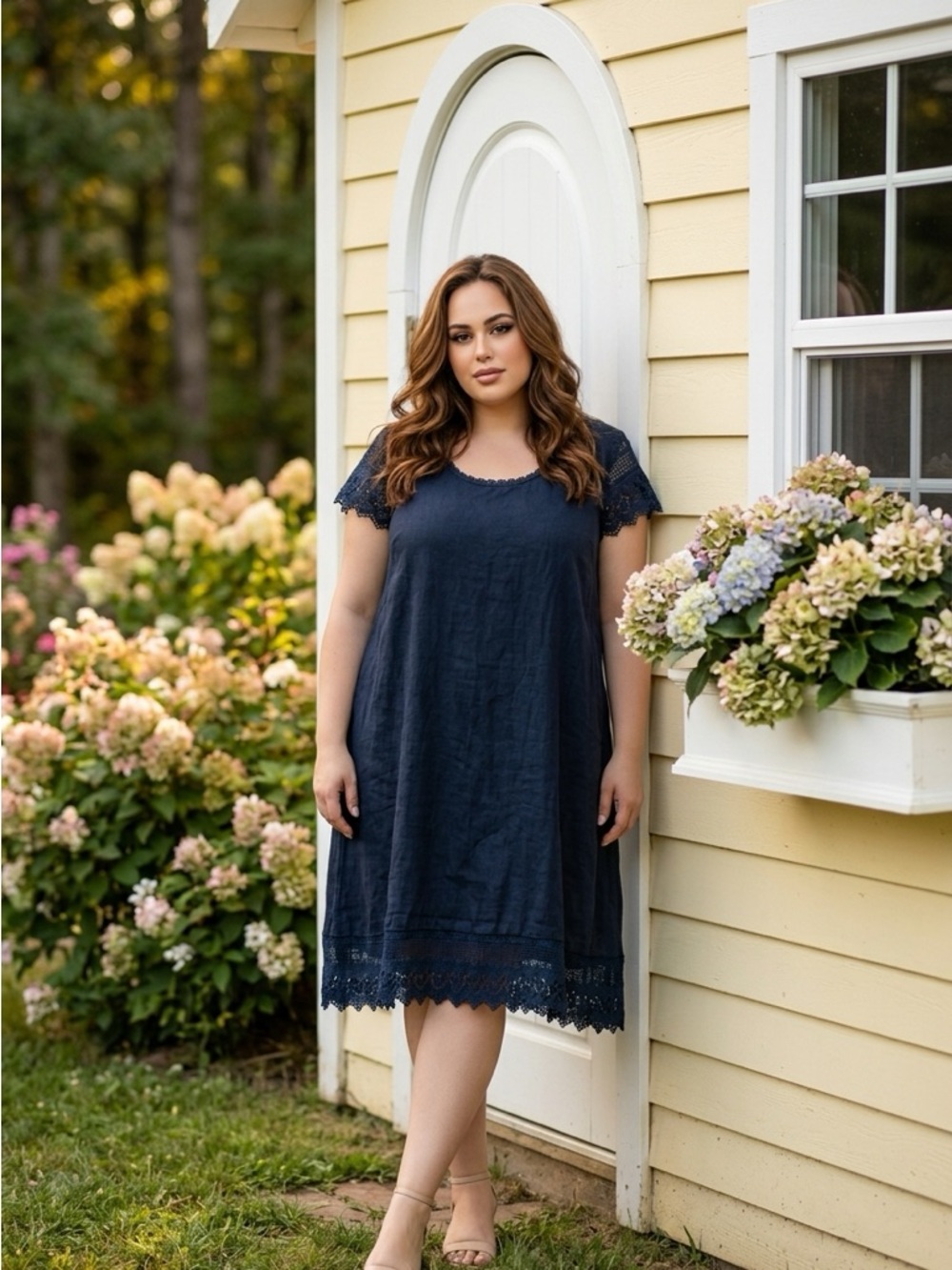 Martina Innocenti Linen Lace Trim Summer Dress Cap Sleeve in Navy size XL.